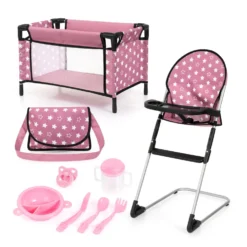 Nuken matkasänkysetti + syöttötuoli pinkki/tähdet